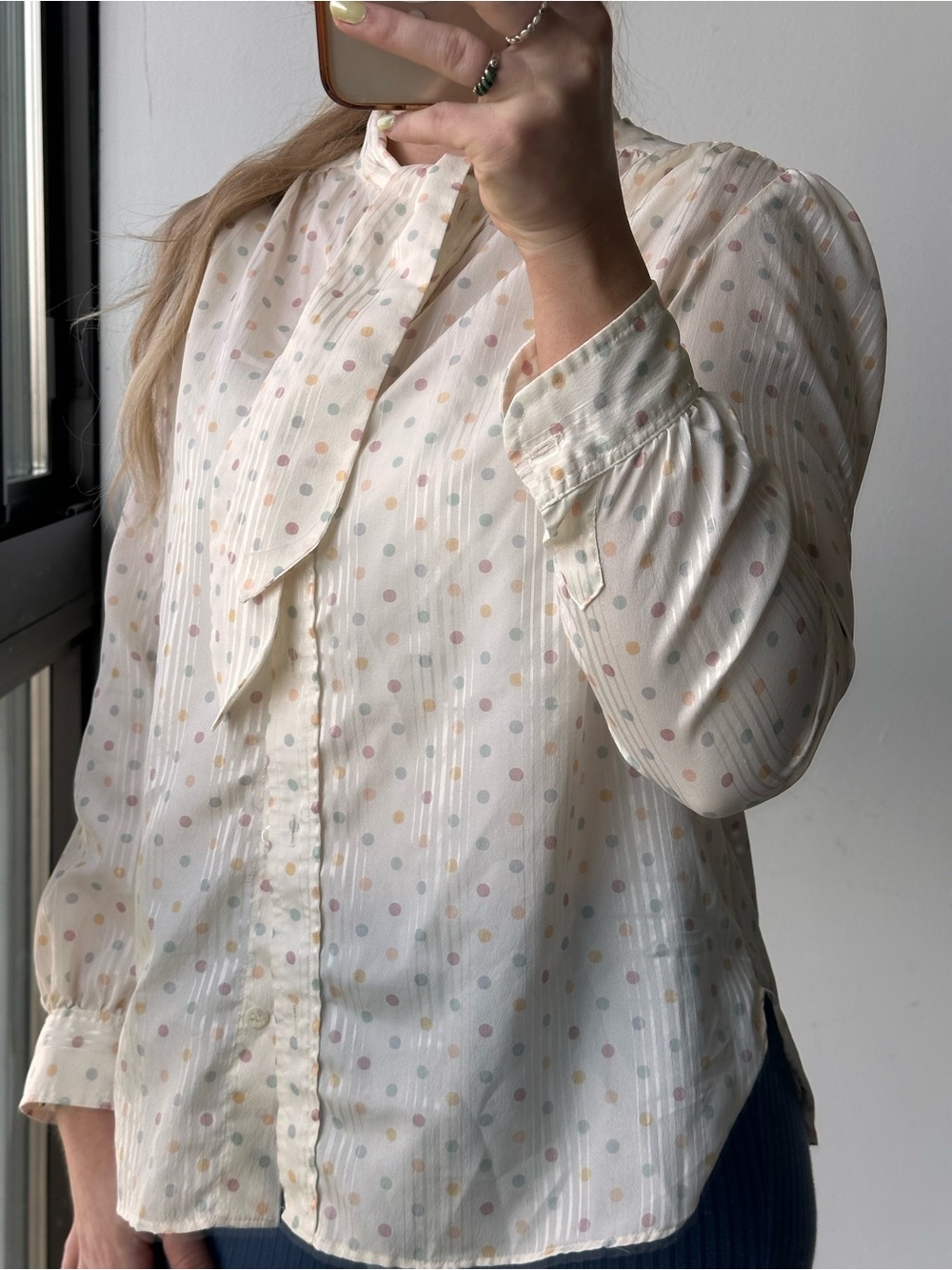 Evan Picone Women's Cream Polka Dot Tie-Neck Blouse